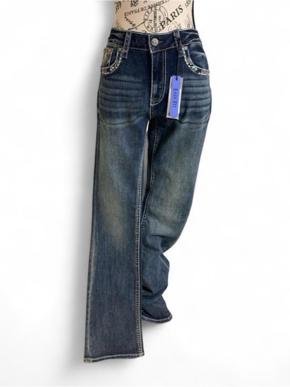 NWT GRACE in LA Easy Fit Women's Bootcut Jeans Blue Aztec Embroidered Pockets